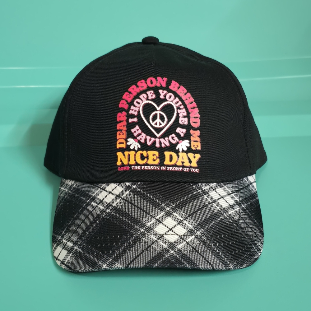 Justice Girls Black Plaid Brim Baseball Style Hat Peace Love Have A Nice Day M2